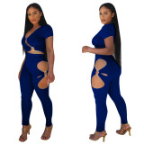 Solid Color Hollow Short Sleeve And Pants 2 Piece Sets YF-10064
