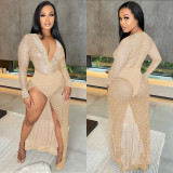 Hot Drilling Deep V Neck Split Long Club Dress BY-5729