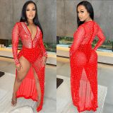 Hot Drilling Deep V Neck Split Long Club Dress BY-5729