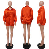 Casual Solid Color Long Sleeve Shirt Shorts Two Piece Sets YF-10086