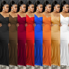 Solid One Shoulder Split Maxi Evening Dress BY-5819