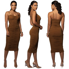 Solid Color Sling Ruched Midi Dress YF-10054