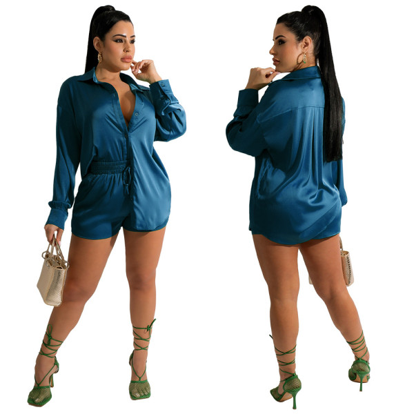 Casual Solid Color Long Sleeve Shirt Shorts Two Piece Sets YF-10086