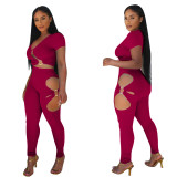 Solid Color Hollow Short Sleeve And Pants 2 Piece Sets YF-10064