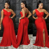 Solid One Shoulder Split Maxi Evening Dress BY-5819