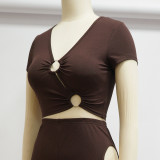 Solid Color Hollow Short Sleeve And Pants 2 Piece Sets YF-10064