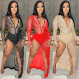 Hot Drilling Deep V Neck Split Long Club Dress BY-5729