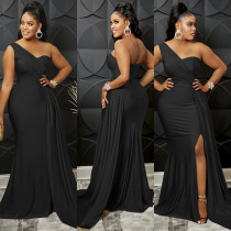 Solid One Shoulder Split Maxi Evening Dress BY-5819