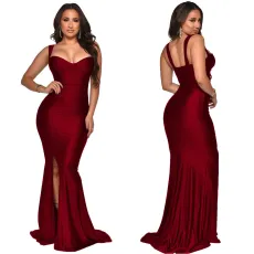Solid Color Elegant Sexy Sling Split Evening Dress YF-10063