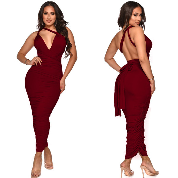 Solid Color Sexy Backless Ruched Maxi Dress YF-10056