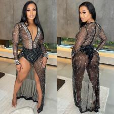 Hot Drilling Deep V Neck Split Long Club Dress BY-5729