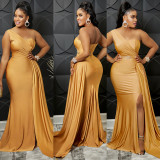 Solid One Shoulder Split Maxi Evening Dress BY-5819
