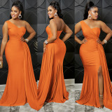 Solid One Shoulder Split Maxi Evening Dress BY-5819
