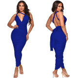 Solid Color Sexy Backless Ruched Maxi Dress YF-10056