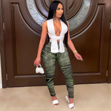 Sexy Solid Tie Up Sleeveless Top Print Pants Two Piece Sets FSXF-F312 