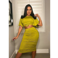 Plus Size Short Sleeve Top Ruched Midi Skirt 2 Piece Sets BN-9331