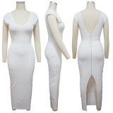 Solid Short Sleeve Back Slit Zip Sexy Maxi Dress YF-9939