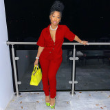 Casual Solid Short Sleeve Two Piece Pants Suit YF-9933