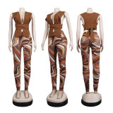 Sexy Solid Tie Up Sleeveless Top Print Pants Two Piece Sets FSXF-F312 