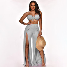 Casual Tie Up Wrap Chest Slit Wide Leg Pants Two Piece Sets YF-9877