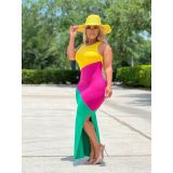 Contrast Color Sleeveless Split Long Dress ORY-5232
