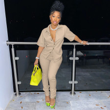 Casual Solid Short Sleeve Two Piece Pants Suit YF-9933