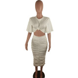 Plus Size Short Sleeve Top Ruched Midi Skirt 2 Piece Sets BN-9331