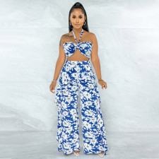 Printed Wrap Chest Ruffled Wide-leg Pants Suit YF-9922