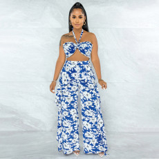 Printed Wrap Chest Ruffled Wide-leg Pants Suit YF-9922