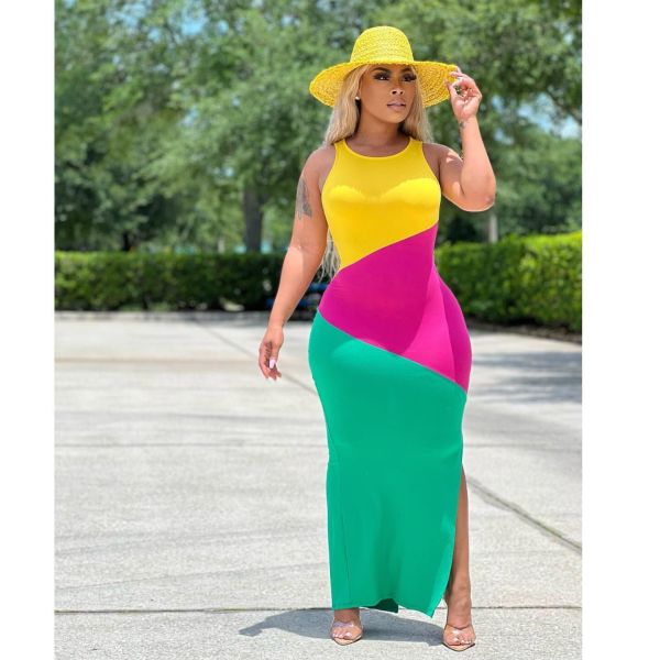 Contrast Color Sleeveless Split Long Dress ORY-5232