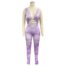 Sexy Tie Dye Print Sleeveless Hollow Jumpsuit YF-9648