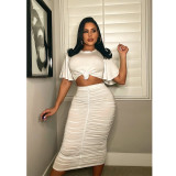 Plus Size Short Sleeve Top Ruched Midi Skirt 2 Piece Sets BN-9331