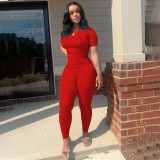 Casual Solid Short Sleeve Pencil Pants Two Piece Sets YF-9884