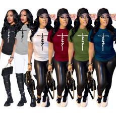 Plus Size Letter Print O Neck Short Sleeve T Shirt SFY-059F