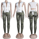 Sexy Solid Tie Up Sleeveless Top Print Pants Two Piece Sets FSXF-F312 