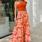 Plus Size One Shoulder Top+Printed Maxi Skirt 2 Piece Sets LSL-6498