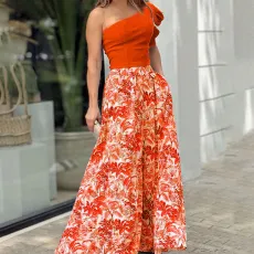 Plus Size One Shoulder Top+Printed Maxi Skirt 2 Piece Sets LSL-6498