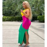 Contrast Color Sleeveless Split Long Dress ORY-5232
