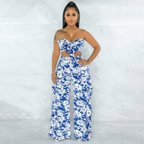 Printed Wrap Chest Ruffled Wide-leg Pants Suit YF-9922