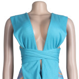 Sexy Solid Tie Up Sleeveless Top Print Pants Two Piece Sets FSXF-F312 