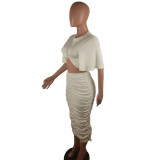 Plus Size Short Sleeve Top Ruched Midi Skirt 2 Piece Sets BN-9331