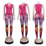 Sexy Solid Tie Up Sleeveless Top Print Pants Two Piece Sets FSXF-F312 