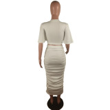 Plus Size Short Sleeve Top Ruched Midi Skirt 2 Piece Sets BN-9331