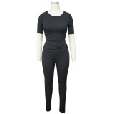 Casual Solid Short Sleeve Pencil Pants Two Piece Sets YF-9884