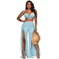 Casual Tie Up Wrap Chest Slit Wide Leg Pants Two Piece Sets YF-9877