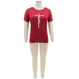 Plus Size Letter Print O Neck Short Sleeve T Shirt SFY-059F