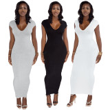 Solid Short Sleeve Back Slit Zip Sexy Maxi Dress YF-9939