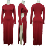 Solid Color Round Neck Sexy Slit Long Dress YF-10003