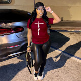 Plus Size Letter Print O Neck Short Sleeve T-Shirt BMF-059F