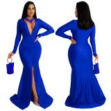Solid Color Sexy V-Neck Slit Evening Dress YF-10036